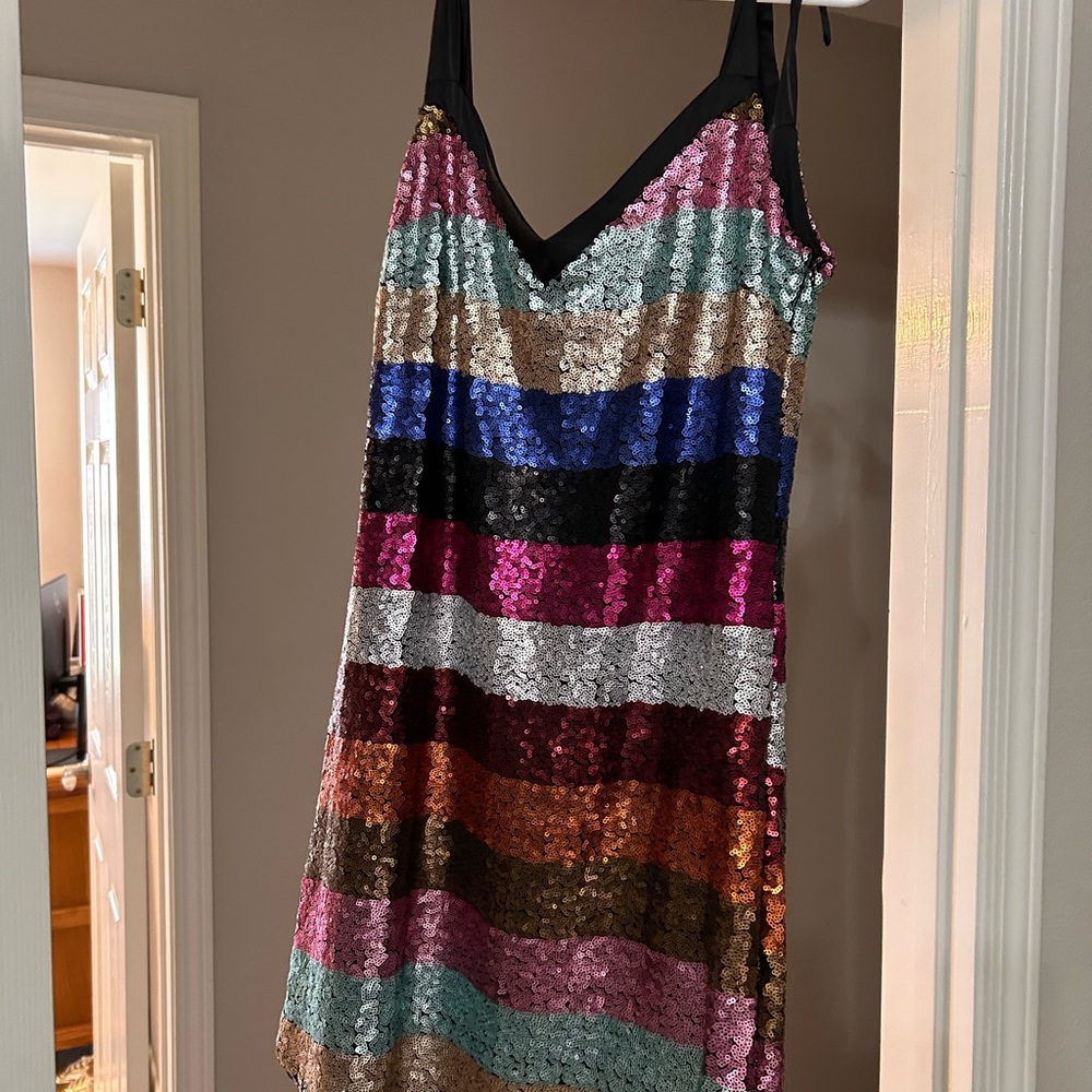 Gianni Bini Black Dress with Teal, Purple & Gold Sequins